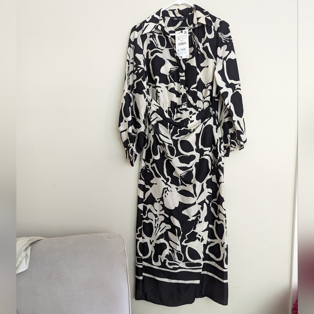 ZARA PRINTED WRAPPED DRESS BLACK WHITE S NWT